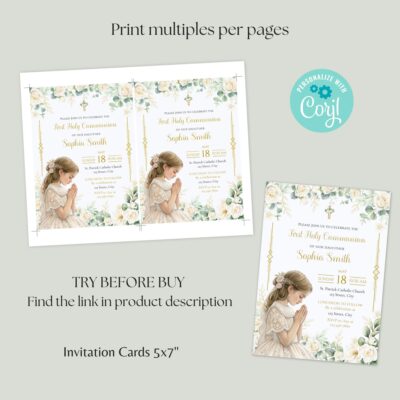 Editable girl’s First Communion digital invitation with watercolor design, featuring a praying girl illustration, floral wooden cross, white and green roses, gold accents, and dove. Printable religious card with front and back design, perfect for customizing and home printing.