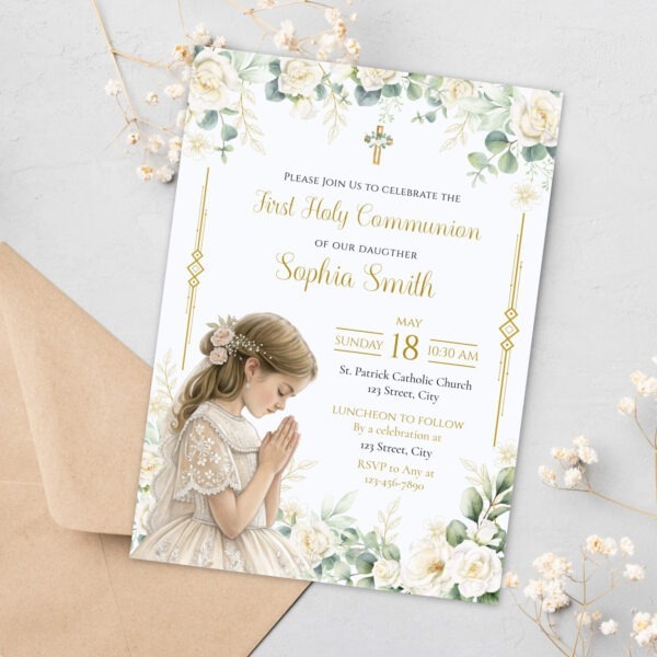 Editable girl’s First Communion digital invitation with watercolor design, featuring a praying girl illustration, floral wooden cross, white and green roses, gold accents, and dove. Printable religious card with front and back design, perfect for customizing and home printing.