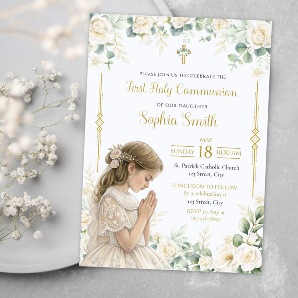 Editable girl’s First Communion digital invitation with watercolor design, featuring a praying girl illustration, floral wooden cross, white and green roses, gold accents, and dove. Printable religious card with front and back design, perfect for customizing and home printing.