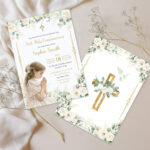 Editable girl’s First Communion digital invitation with watercolor design, featuring a praying girl illustration, floral wooden cross, white and green roses, gold accents, and dove. Printable religious card with front and back design, perfect for customizing and home printing.