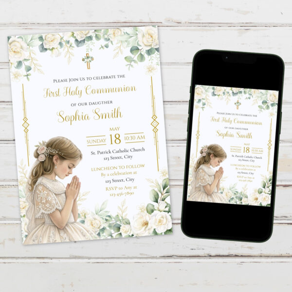 Editable girl’s First Communion digital invitation with watercolor design, featuring a praying girl illustration, floral wooden cross, white and green roses, gold accents, and dove. Printable religious card with front and back design, perfect for customizing and home printing.
