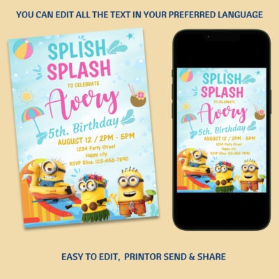 Colorful editable Minions pool party invitation with tropical elements, perfect for kids’ summer birthday celebrations. Printable and digital format available.