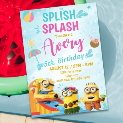 Colorful editable Minions pool party invitation with tropical elements, perfect for kids’ summer birthday celebrations. Printable and digital format available.