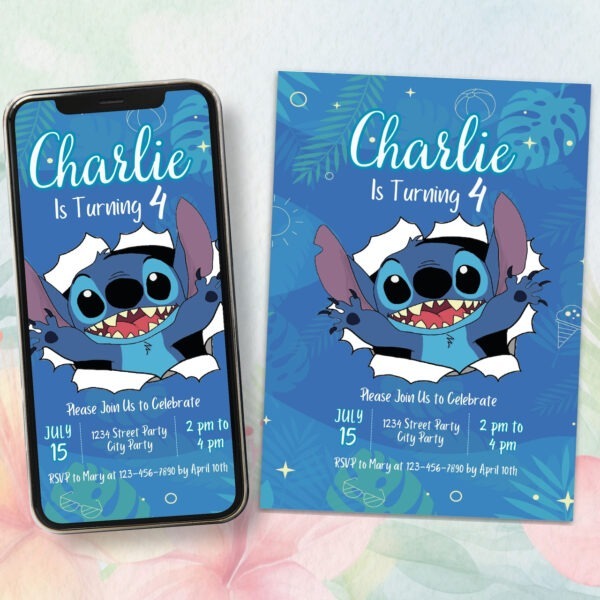Editable Stitch birthday invitation for boys and girls – Lilo & Stitch party theme – digital download