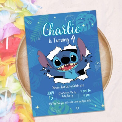 Printable Stitch invitation with cute cartoon design – personalized for 4th birthday