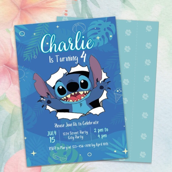 nstant download Stitch party invite – birthday invitation with tropical background