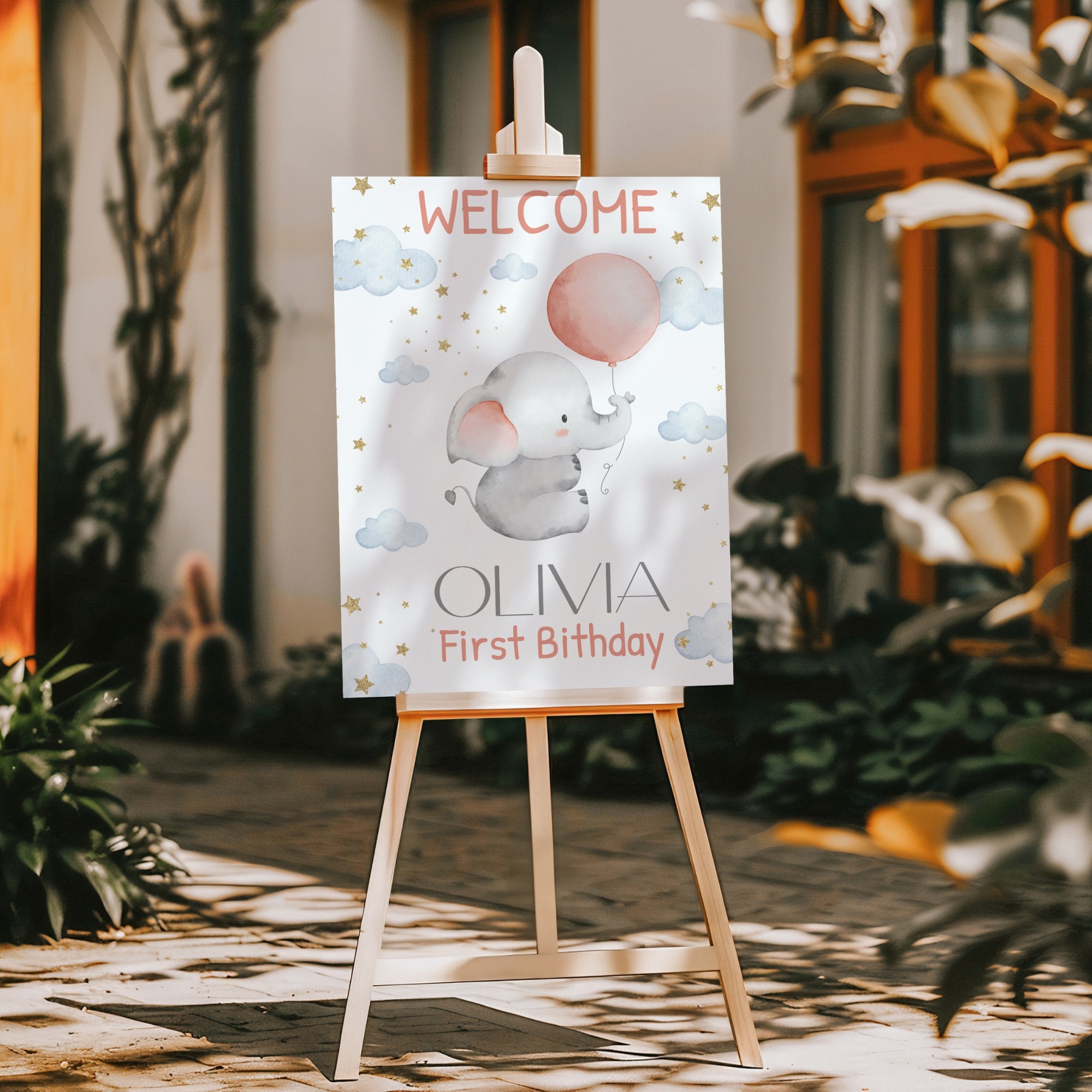 editable baby elephant birthday welcome sign | pink balloon party decoration | digital corjl template for baby shower & 1st birthday baby elephant birthday welcome sign