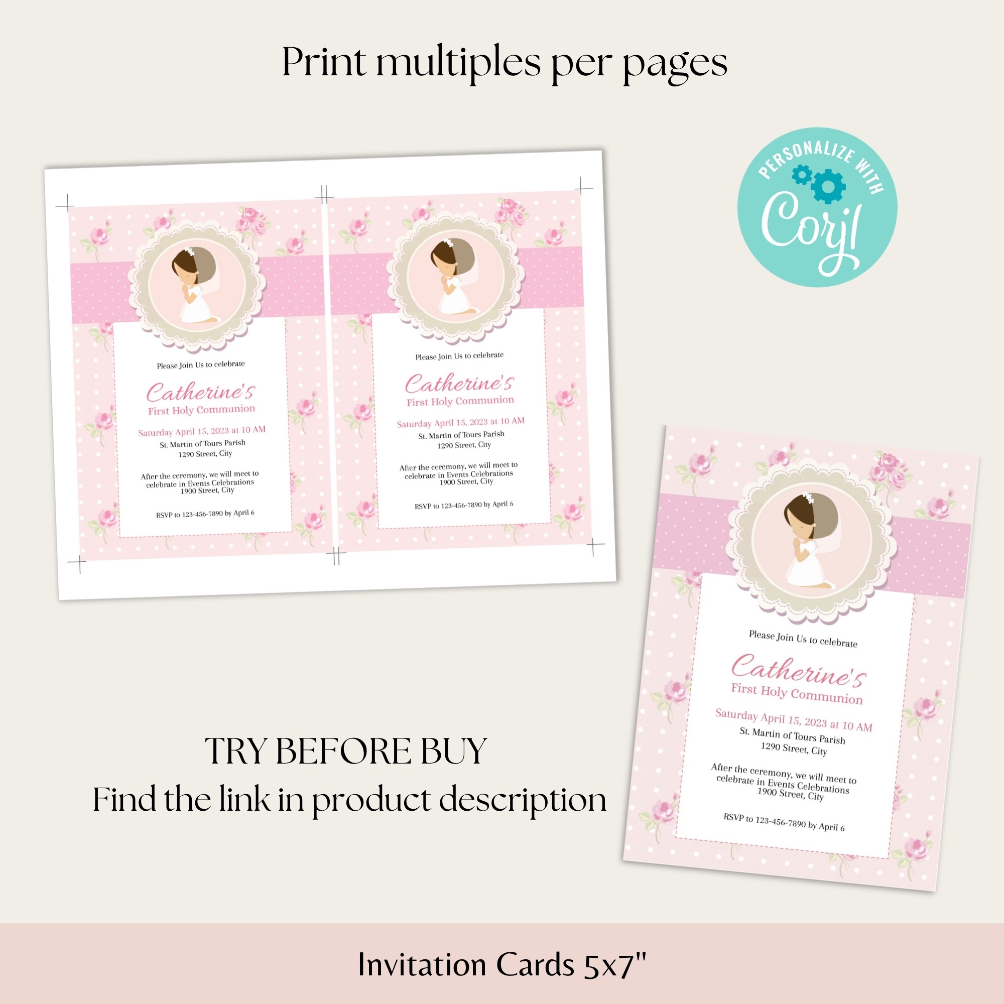 first holy communion invitation template, communion invite, editable first communion invitation, girl communion invite First Holy communion invitation