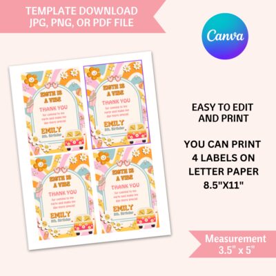 eight is a vibe juice label, daisy groovy capri sun, rainbow, summer fun party, 8th. personalized birthday juice, hippie theme