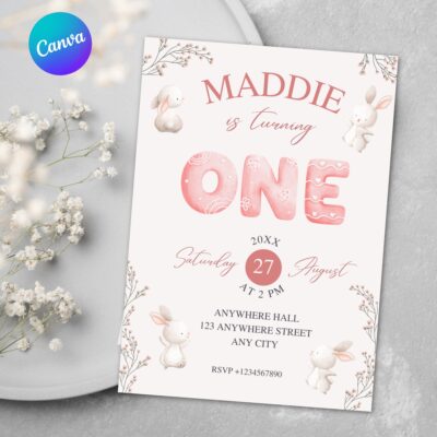 watercolor rabbit birthday invitation