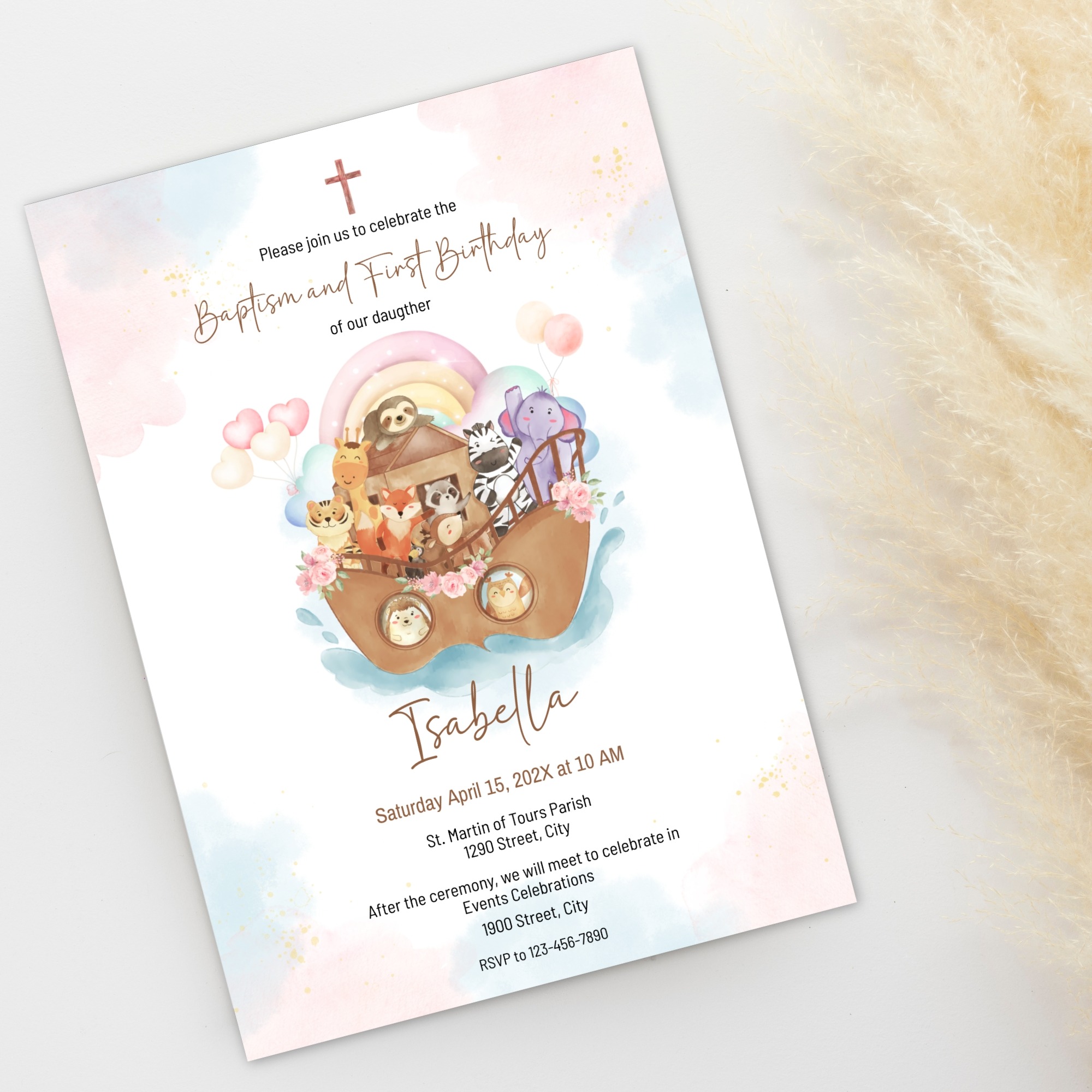girl noah's ark baptism and first birthday invitation – editable corjl template – pink pastel digital download girl noah's ark baptism and first birthday invitation – editable corjl template – pink pastel digital download