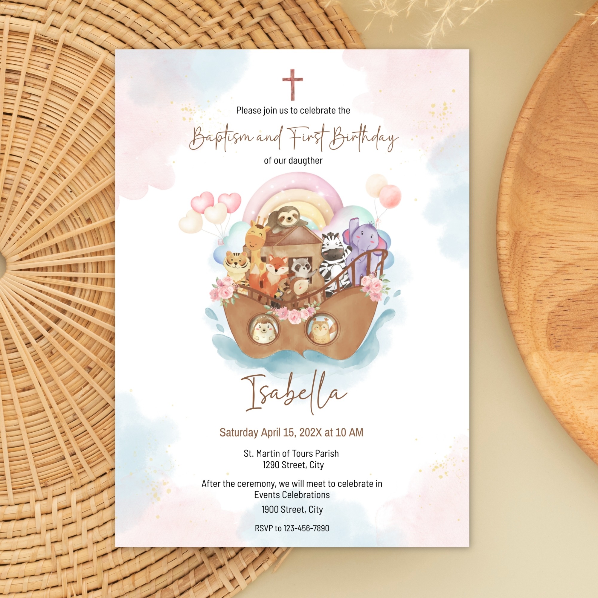 girl noah's ark baptism and first birthday invitation – editable corjl template – pink pastel digital download girl noah's ark baptism and first birthday invitation – editable corjl template – pink pastel digital download