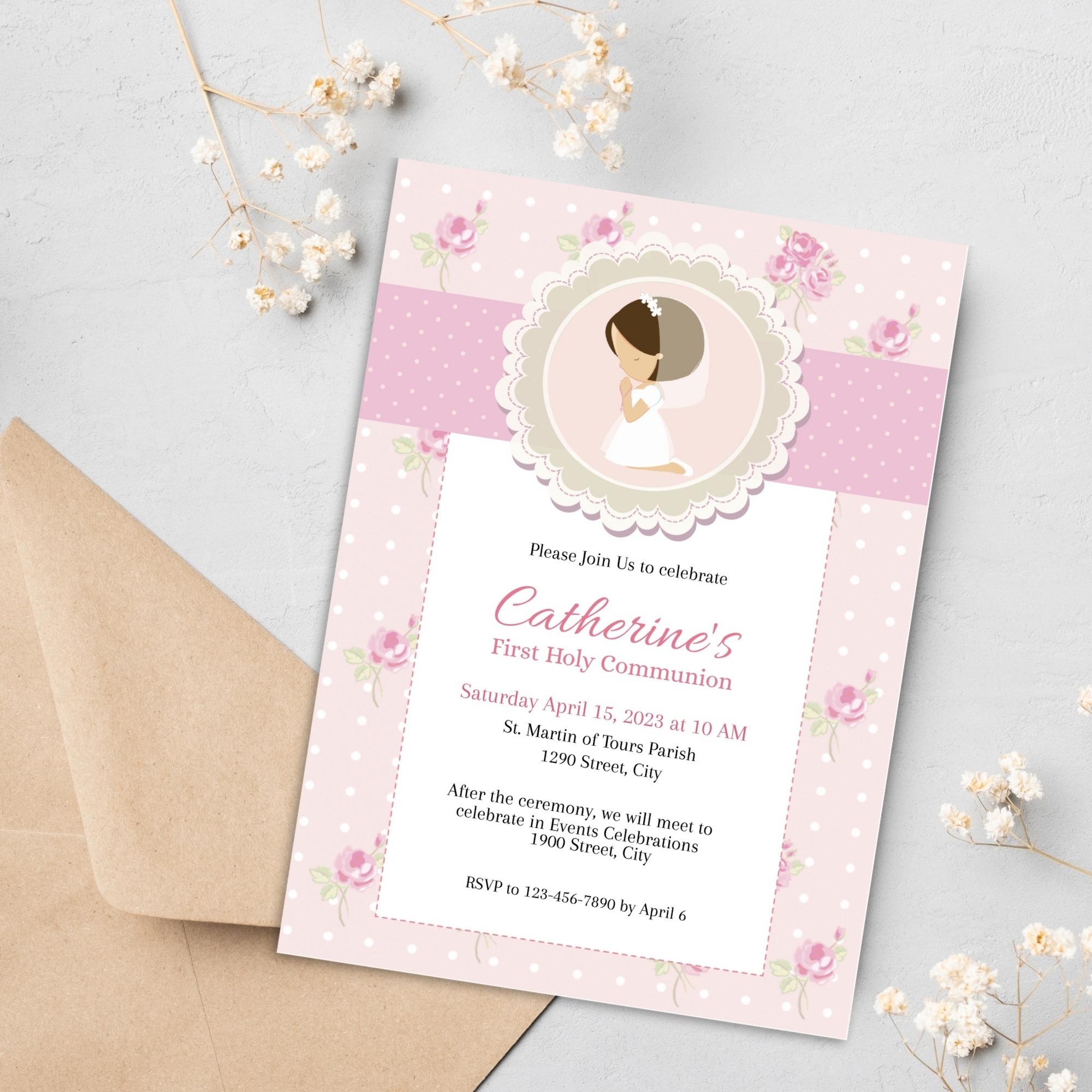 first holy communion invitation template, communion invite, editable first communion invitation, girl communion invite First Holy communion invitation