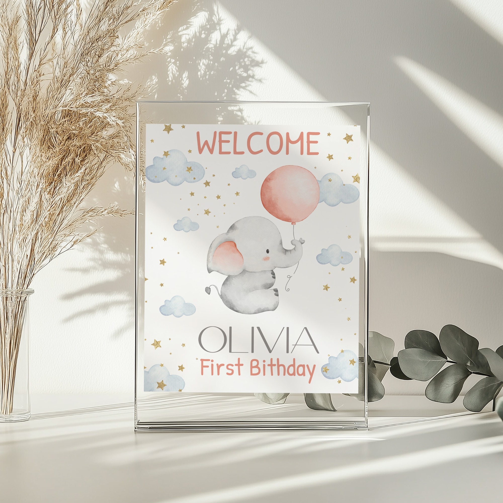 editable baby elephant birthday welcome sign | pink balloon party decoration | digital corjl template for baby shower & 1st birthday baby elephant birthday welcome sign