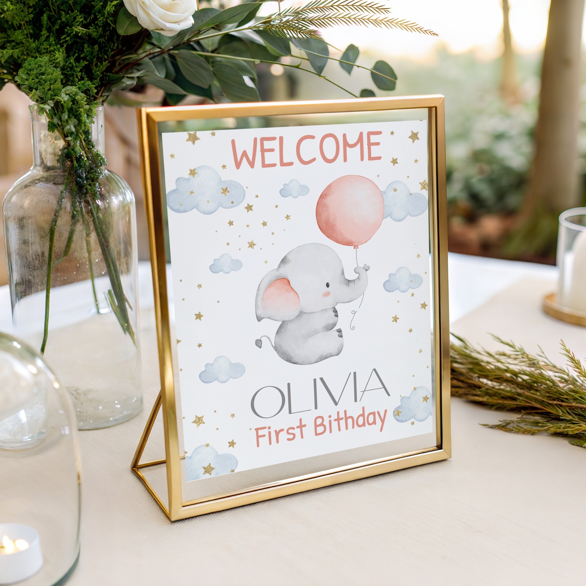 editable baby elephant birthday welcome sign | pink balloon party decoration | digital corjl template for baby shower & 1st birthday baby elephant birthday welcome sign