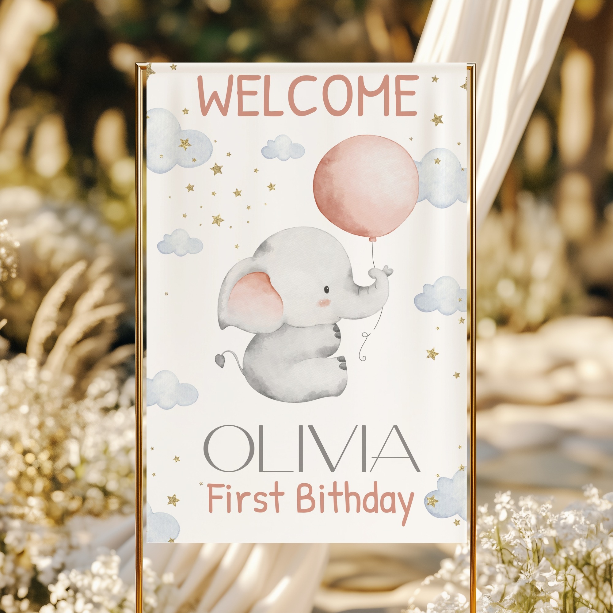 editable baby elephant birthday welcome sign | pink balloon party decoration | digital corjl template for baby shower & 1st birthday baby elephant birthday welcome sign