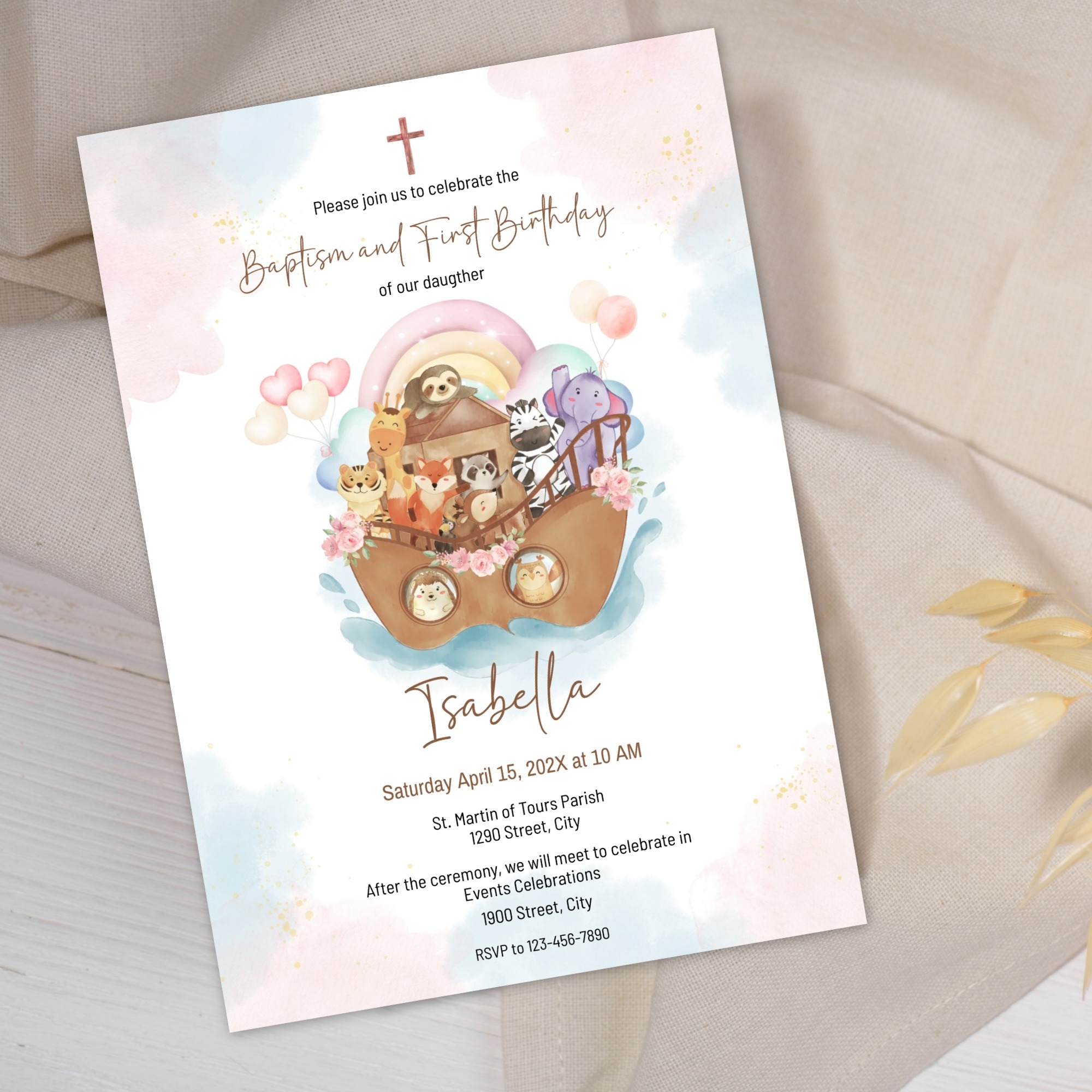 girl noah's ark baptism and first birthday invitation – editable corjl template – pink pastel digital download girl noah's ark baptism and first birthday invitation – editable corjl template – pink pastel digital download