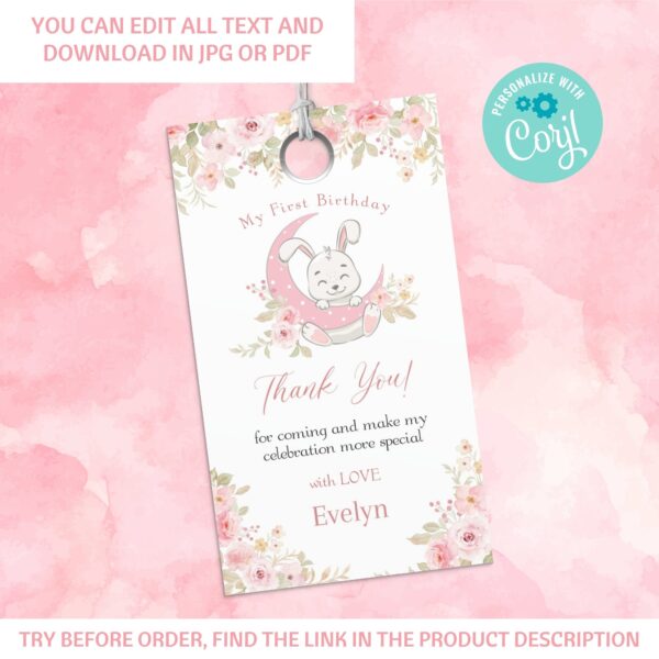 Rabbit party pack, Bundle Bunny, Pink Floral, Invitation, Welcome Sign, Printable Bunny 1st Birthday, Girl Rabbit Party, Digital Editable