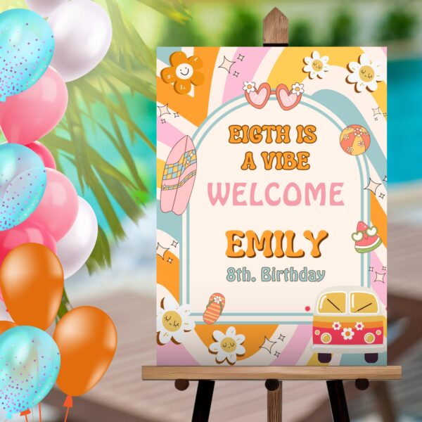 Eight is A Vibe editable Party Pack, Summer Welcome Sign, Hippie Theme, Invitation 8th , Groovy Rainbow, Party favor Tag, Summer Fun Party