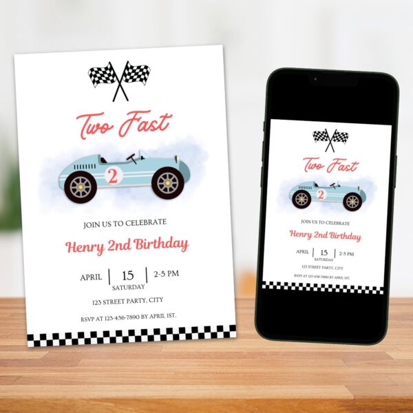Race Car Party Printable Decorations & Invitation Template Bundle – Two Fast / Fast One Birthday Theme – INSTANT DOWNLOAD – EDITABLE Text