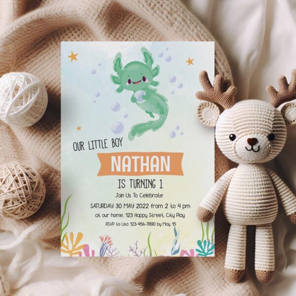 Axolotl Under the Sea Birthday Invitation | Editable Corjl Template | Ocean Party Invite | Instant Download 5×7”