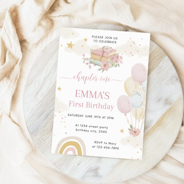 Editable Chapter One First Birthday Invitation & Thank You Tags | Digital Corjl Template | Floral Pastel Book Theme Girl Birthday Printable