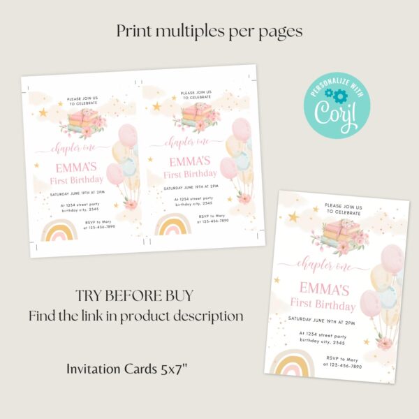 Editable Chapter One First Birthday Invitation — Pink Floral Boho Book Theme Digital Template — Girl 1st Birthday Party Invite Corjl