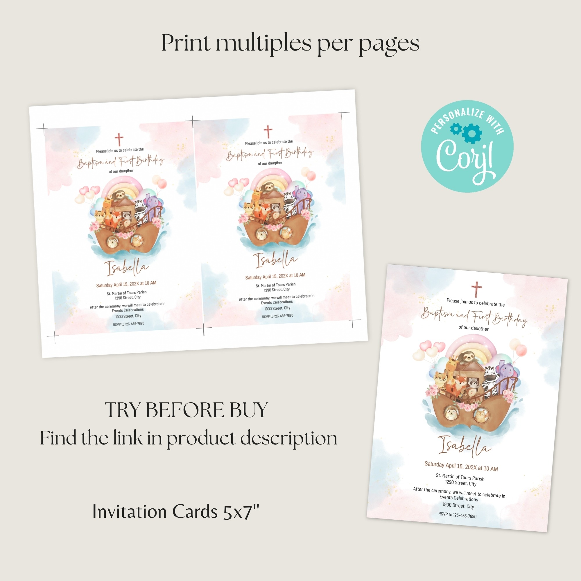 girl noah's ark baptism and first birthday invitation – editable corjl template – pink pastel digital download girl noah's ark baptism and first birthday invitation – editable corjl template – pink pastel digital download
