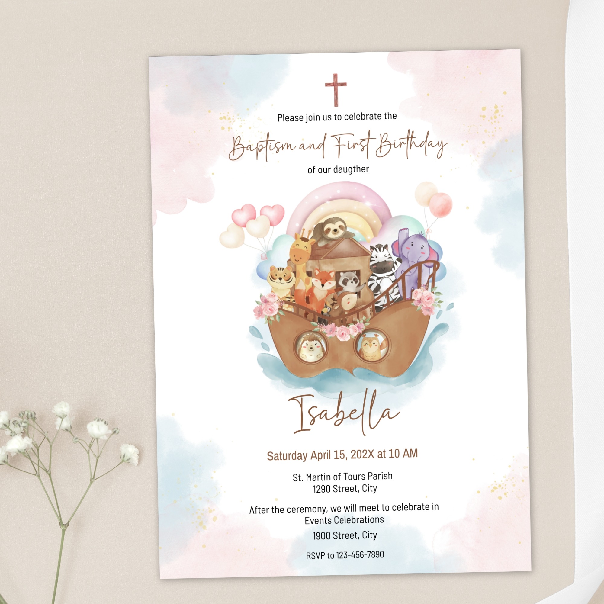 girl noah's ark baptism and first birthday invitation – editable corjl template – pink pastel digital download girl noah's ark baptism and first birthday invitation – editable corjl template – pink pastel digital download