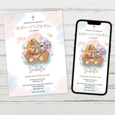 girl noah's ark baptism and first birthday invitation – editable corjl template – pink pastel digital download