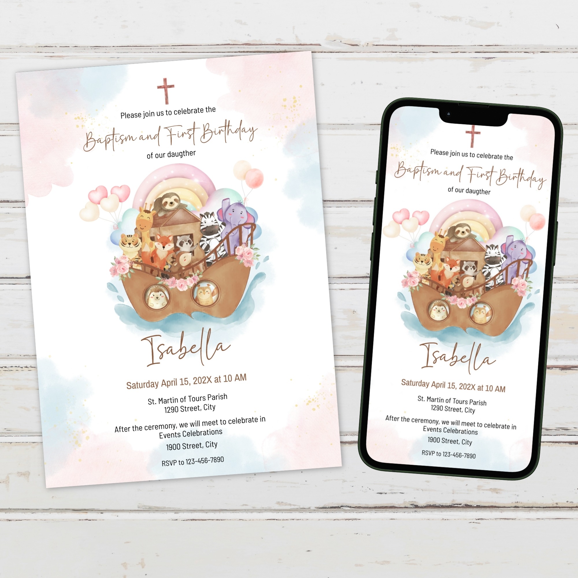 girl noah's ark baptism and first birthday invitation – editable corjl template – pink pastel digital download girl noah's ark baptism and first birthday invitation – editable corjl template – pink pastel digital download