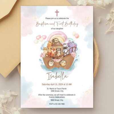 girl noah's ark baptism and first birthday invitation – editable corjl template – pink pastel digital download