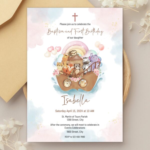 Girl Noah’s Ark Baptism Invitation